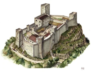 Architektura średniowieczna: rekonstrukcja zamku Canossa w XI wieku, w czasie gdy hrabina Matylda z Canossy (lub hrabina Matylda Toskańska) (1046-1115) i papież Grzegorz VII (1015/20-1085) znaleźli tam schronienie. Włochy. Ilustracja: Gior