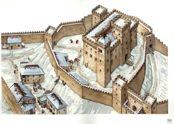 Średniowieczna architektura: rekonstrukcja zamku w mieście Udine w XIV wieku. Włochy Ilustracja autorstwa Giorgio Albertini. (Korzystanie z dzieł tego autora nie podlega wnioskowi o zezwolenie od strony trzeciej ani opłacie).