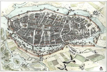 Średniowiecze: widok z lotu ptaka na miasto Lubeka w Niemczech z planem ulic, ukazujący jego położenie geograficzne na wyspie u zbiegu rzek Wakenitz i Trave. XV wiek. Niemcy. Ilustracja Giorgio Albertiniego. (Wykorzystanie tego autora w