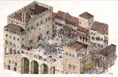 Średniowiecze: widok z lotu ptaka na centralny plac miasta Gubbio (Umbria) we Włoszech w XIV wieku. Po lewej stronie widoczny jest Pałac Konsulów.