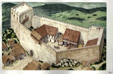 Średniowiecze: rekonstrukcja katarskiego zamku Montsegur (ukończonego w XIII wieku), Ariege, Francja.