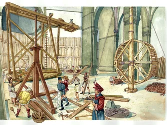 Renesans: rekonstrukcja miejsca budowy kopuły kościoła Santa Maria del Fiore (Duomo) na planach architekta Filippo Brunelleschiego. 1436. Florencja Włochy Ilustracja autorstwa Giorgio Albertini. (Wykorzystanie prac tego autora nie jest dozwolone.