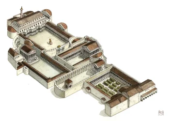 Roman antiquite: rekonstrukcja forum Trajana (foro di traiano) w III wieku n.e., Rzym. Włochy.