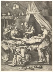 Alegoria choroby, mężczyzna leżący na brzuchu w otoczeniu postaci, ok. godz. 1540.