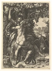 Angelica i Medoro, para obejmująca się, Medoro rzeźbi swoje imiona w korze..., ok. godz. 1570.