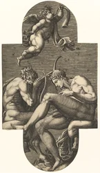 Apollo, Pan i putto dmące w róg, z serii ośmiu kompozycji po Francji..., lata 60. XVI wieku.