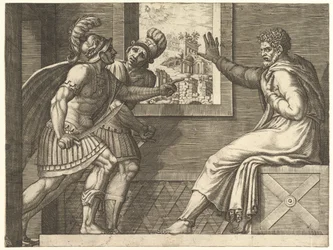 Caius Marius w więzieniu, dwóch żołnierzy cymbryjskich wchodzących do jego celi, 1560-69.