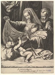 Madonna z Loreto, Dziewica podnosi zasłonę nad Dzieciątkiem, które leży na łóżku i poduszce..., 1575.