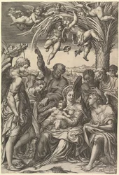 Odpocznij w ucieczce do Egiptu, Święta Rodzina pod palmą w otoczeniu aniołów, kład..., 1578.
