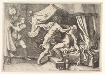 Tarquin atakujący Lukrecję, sługę po lewej będącą świadkiem sceny, ok. godz. 1540.