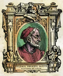 Portret Baldassarre Peruzziego (1481-1536) Sieneński architekt i malarz Grawerowanie z „Żywotów” autorstwa Giorgio Vasari (1511-1574) 1568 © Fototeca Gilardi / Leemage