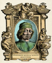 Portret Francesco FRANCIA (1450-1517) włoskiego malarza. Grawerowanie traktatu „„ Żywoty najwybitniejszych malarzy, rzeźbiarzy i architektów ”” (Le Vite de