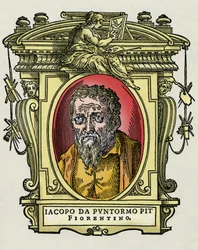 Portret Jacopo (Iacopo) Carrucci powiedział il Pontormo (Pontormo) (1494-1556) włoski malarz. Grawerowanie przysmaku „Życie najwybitniejszych malarzy, rzeźbiarzy i architektów”” (Życie najwybitniejszych malarzy, rzeźbiarzy i architektów) autorstwa Giorga