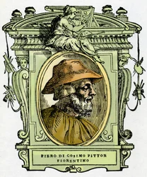 Portret Piero di Cosimo (ok. 1462-1521?), malarza florenckiego. Grawerowanie przysmaku „Życie najwybitniejszych malarzy, rzeźbiarzy i architektów”” (Życie najwybitniejszych malarzy, rzeźbiarzy i architektów) autorstwa Giorgio Vasari