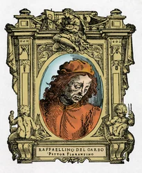 Portret RAFFAELLINO DEL GARBO (Raffaellino de Carli) (1466-1525) włoskiego malarza. Grawerowanie przysmaku „Życie najwybitniejszych malarzy, rzeźbiarzy i architektów”” (Życie najdoskonalszych malarzy, rzeźbiarzy i architektów) autorstwa Giorgio Vasara