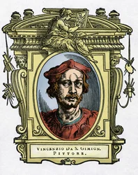 Portret Vincenzo TAMAGNIEGO (Vincenzo da San Gimignano) (1492-1530) włoskiego malarza. Grawerowanie przysmaku „Życie najwybitniejszych malarzy, rzeźbiarzy i architektów”” (Życie najdoskonalszych malarzy, rzeźbiarzy i architektów) autorstwa Giorgio Vasara