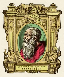 Portret malarza Giovanniego Battisty di Jacopo (Rosso Fiorentino) (1495-1540). Był członkiem Ecole de Fontainebleau. Grawerowanie przysmaku „Życie najwybitniejszych malarzy, rzeźbiarzy i architektów”” (Le Vite de
