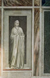Wstrzemięźliwość, łagodna postać z mieczem przywiązanym do pochwy i uzdą na ustach symbolizującą panowanie nad słowami, autorstwa Giotto, detal z cyklu fresków Wady i cnoty