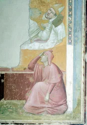 Objawienie się św. Franciszka biskupowi Guido z Asyżu, autor Giotto (1267-1337), fresk, Detal, Bazylika Santa Croce, Kaplica Bardi, Florencja