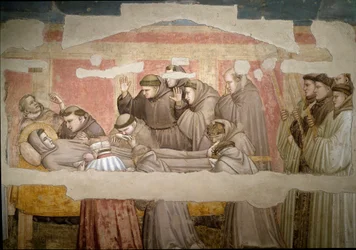 Pogrzeb św. Franciszka z Asyżu, szczegół. Weryfikacja stygmatyzacji. Obraz Giotto di Bondone (1267? 1337)