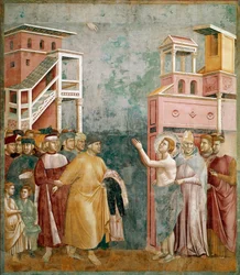 Wyrzeczenie się majątku. Święty Franciszek zwraca ubrania ojcu. Obraz Giotta di Bondone (1267-1337)