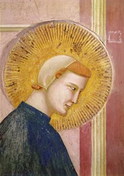 Święty Franciszek uhonorowany przez prostego człowieka, szczegół głowy św. Franciszka, ok. 1297-99