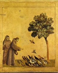 Św. Franciszek z Asyżu głoszący ptaki. Fragment predelle św. Franciszka z Asyżu otrzymującego stygmaty. Malarstwo autorstwa Giotto Di Bondone