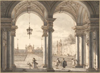 Widok przez barokową kolumnadę na ogród, 1760-1768