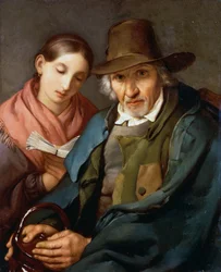 Postać starszego mężczyzny siedzącego z młodym plebejuszem czytającym książkę, Giovanni Carnovali znany jako Piccio (1804-1873), olej na płótnie, 72x59 cm