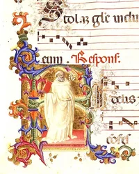 Ms 561 f.1r Historyczny inicjał „R” przedstawiający św. Eligiusza, z graduału z klasztoru San Jacopo di Ripoli, początek XIV wieku