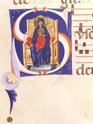 Ms 562 f.16r Historyczny inicjał „S” przedstawiający intronizowaną Madonnę z Dzieciątkiem, z graduału z klasztoru San Jacopo di Ripoli, początek XIV wieku