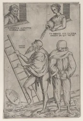 Mężczyzna wspina się po drabinie, a kobieta oblewa go wodą z góry, 1575-99.