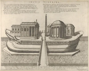 Widok na Wyspę Tybru reprezentowaną jako statek, Świątynia Eskulapa po lewej, 1582., 1582.