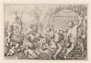 Bacchanal met altaar, faun en Silenus