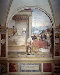 Benedykt ukazuje się dwóm mnichom i przedstawia im projekt klasztornego fresku z chóru autorstwa Antonio Bazzi dit il Sodoma (1477 - 1549) opowiadającego o życiu św. Benedykta z Nursji (480 - 567) założyciela Zakonu Benedyktynów 1503 - 1508 Ab
