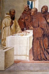 Benedykt rozbija kieliszek zatrutego wina robiąc znak krzyża Szczegółowy fresk chóru wykonany przez Giovana Antonio Bazzi di Sodoma (1477-1549) opowiadający o życiu św. Benedykta z Nursji (480 - 567) założyciela Zakonu Benedyktynów 1505-15