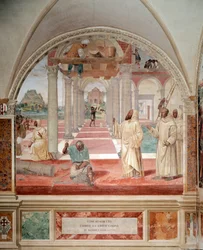 Benedykt zbudował dwanaście klasztorów fresk krużganka wykonany przez Antonio Bazzi dit il Sodoma (1477 - 1549) opowiadający o życiu św. Benedykta z Nursji (480 - 567) założyciela Zakonu Benedyktynów 1503 - 1508 Opactwo Monte Oliveto Maggiore, Flor
