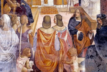 Benedykt ekskomunikował dwie zakonnice i rozgrzeszył je po ich śmierci Szczegół Fresk krużgankowy autorstwa Antonio Bazzi dit il Sodoma (1477 - 1549) opowiadający o życiu św. Benedykta z Nursie (480 - 567) założyciela zakonu benedyktynów 1503 - 1508 Opactw
