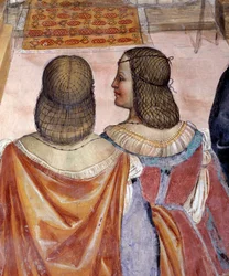Benedykt ekskomunikował dwie zakonnice i rozgrzeszył je po ich śmierci Szczegół Fresk krużgankowy autorstwa Antonio Bazzi dit il Sodoma (1477 - 1549) opowiadający o życiu św. Benedykta z Nursie (480 - 567) założyciela zakonu benedyktynów 1503 - 1508 Opactw