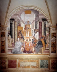 Benedykt ekskomunikował dwie zakonnice i rozgrzeszył je po ich śmierci fresk klasztorny autorstwa Antonio Bazzi dit il Sodoma (1477 - 1549) opowiadający o życiu św. Benedykta z Nursji (480 - 567) założyciela Zakonu Benedyktynów 1503 - 1508 Ab