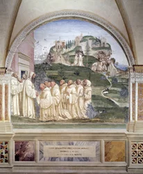 Benedykt zapoczątkował źródło na szczycie góry Fresk klasztoru wykonany przez Antonio Bazzi dit il Sodoma (1477 - 1549) opowiadający o życiu św. Benedykta z Nursie (480 - 567) założyciela Zakonu Benedyktynów 1503 - 1508 Opactwo Monte Oliveto