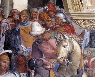 Jak Benedykt spotyka dwóch młodych Rzymian, Maurusa i Placyda. Fragment fresku krużgankowego Antonia Bazziego, zwanego Il Sodoma (1477-1549), przedstawiającego życie świętego Benedykta z Nursji (480-567)