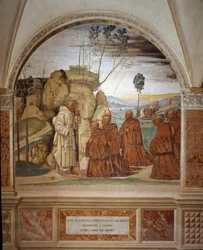 Jak Benedykt odpowiada na modlitwę pustelników i zgadza się zostać ich przywódcą. Fresk w krużganku wykonany przez Antonia Bazzego, zwanego il Sodoma (1477-1549), opowiadający o życiu świętego Benedykta z Nursji (480-567), założyciela zakonu benedyktynów