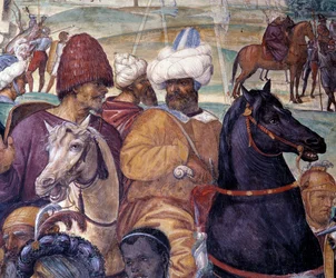 Jak Benedykt przepowiada zburzenie Monte Cassino (św. Benedykt przepowiada zburzenie Monte Cassino) Detal - fresk krużganka autorstwa Antonio Bazzi dit il Sodoma (1477 - 1549) opowiadający o życiu św. Benedykta z Nursie (480 - 567) fou