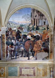 Jak Benedykt przepowiada zniszczenie Monte Cassino (św. Benedykt przepowiada zniszczenie Monte Cassino) Detal - fresk krużganka autorstwa Antonio Bazzi dit il Sodoma (1477 - 1549) opowiadający o życiu św. Benedykta z Nursie (480 - 567) fou