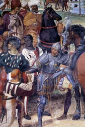 Jak Benedykt przepowiada zburzenie Monte Cassino (św. Benedykt przepowiada zburzenie Monte Cassino) Detal - fresk krużganka autorstwa Antonio Bazzi dit il Sodoma (1477 - 1549) opowiadający o życiu św. Benedykta z Nursie (480 - 567) fou
