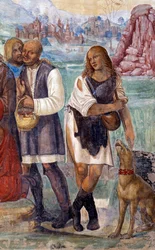 Jak Benedykt naucza świętej nauki chłopów, którzy go odwiedzają Szczegółowy fresk klasztorny zrealizowany przez Antonio Bazzi dit il Sodoma (1477 - 1549) opowiadający o życiu św. Benedykta z Nursji (480 - 567) założyciela Zakonu Benedyktynów 1503 -