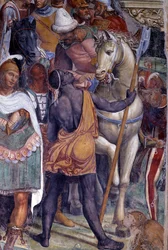 Jak Benedykt spotyka dwóch młodych Rzymian, Maura i Placyda. Fragment orszaku młodych mężczyzn - fresk w krużganku autorstwa Antonia Bazziego, zwanego Il Sodoma (1477-1549), opowiadający życie świętego Benedykta