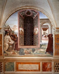 Jak ksiądz przyniósł jedzenie do Benedykta w Wielkanoc - Fresk klasztoru wykonany przez Antonio Bazzi dit il Sodoma (1477 - 1549) opowiadający o życiu św. Benedykta z Nursji (480 - 567) założyciela Zakonu Benedyktynów 1503 - 1508 Opactwo Monte Oliveto Ma