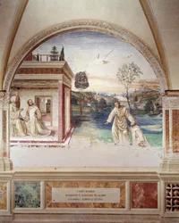 Maur idzie po wodzie ratować św Placyda (św. Maur idzie po wodzie ratować św Placyd) fresk krużganka wykonany przez Antonio Bazzi dit il Sodoma (1477 - 1549) opowiadający o życiu św. Benedykta z Nursji (480 - 567) założyciela Zakon Benedyktynów